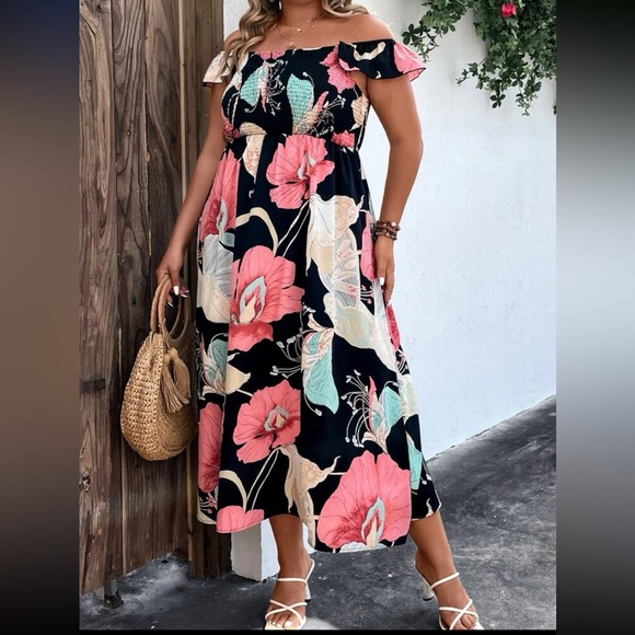 Plus size floral print off shoulder ruffle trim maxi dress - Picture 7 of 8